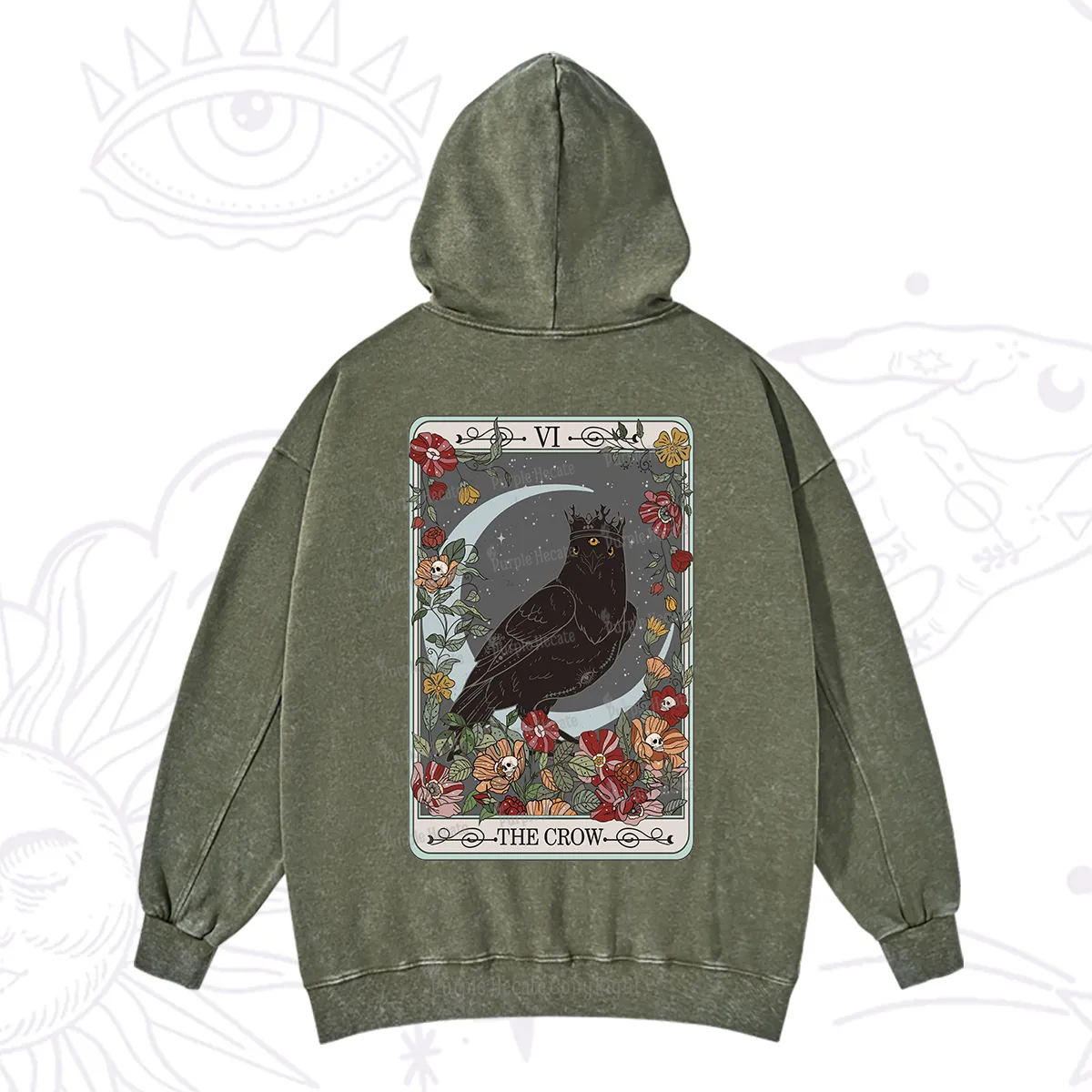 Purplehecate The Crow Tarot Card Washed Hoodie