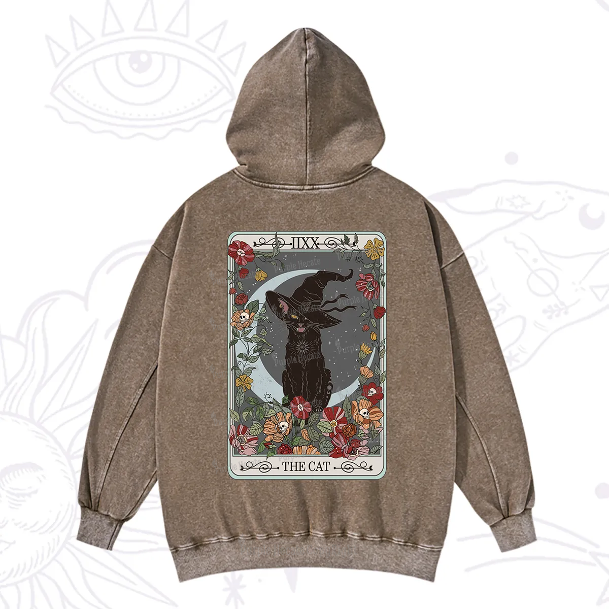 Purplehecate The Cat Tarot Card Washed Hoodie