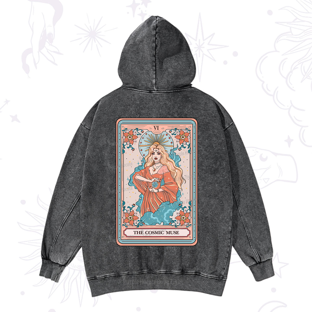 Purplehecate The Cosmic Muse Tarot Card Washed Hoodie