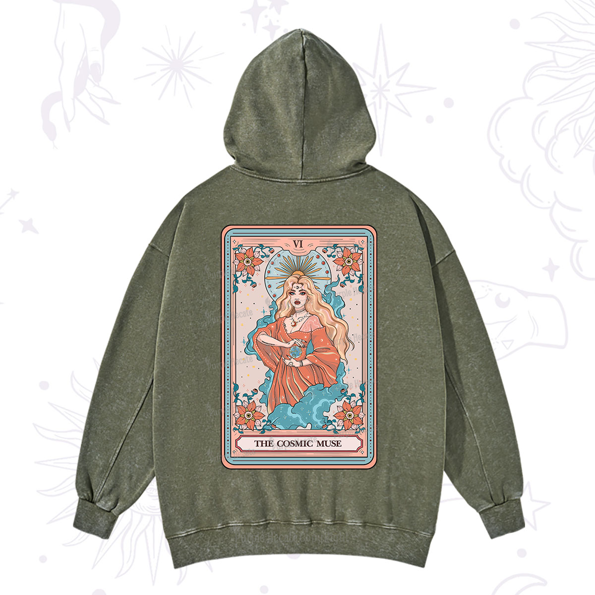 Purplehecate The Cosmic Muse Tarot Card Washed Hoodie