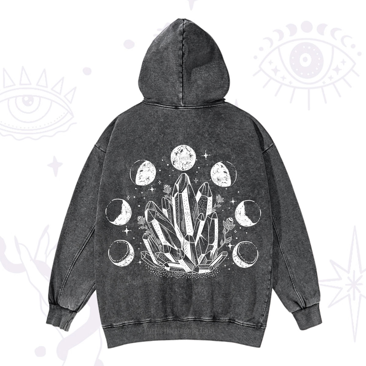 Purplehecate Crystals and Moon Phases Washed Hoodie