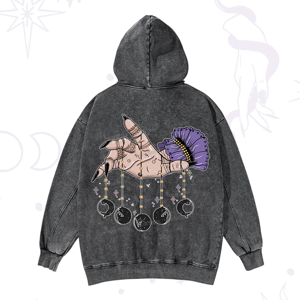 Purplehecate Feline Lunar Phases Washed Hoodie
