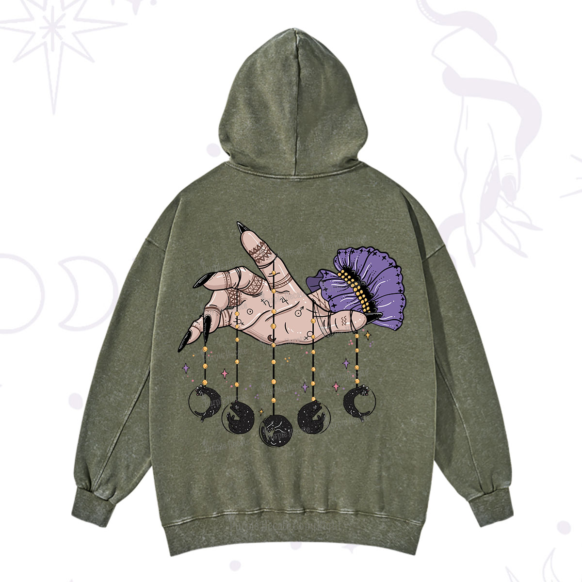 Purplehecate Feline Lunar Phases Washed Hoodie