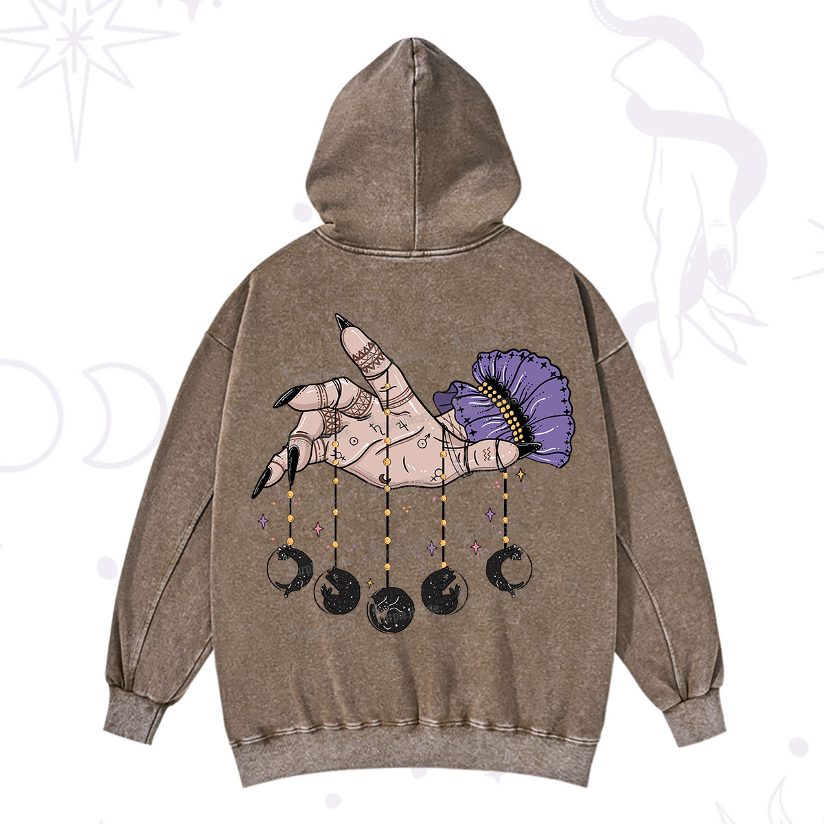 Purplehecate Feline Lunar Phases Washed Hoodie