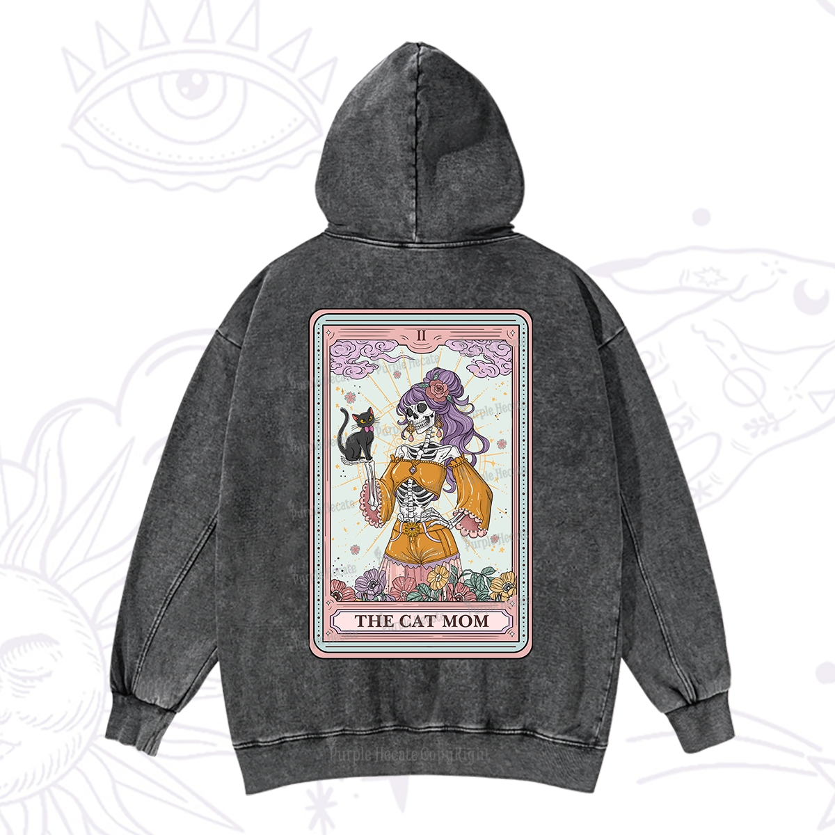 Purplehecate The Skeleton Cat Mom Tarot Card Washed Hoodie
