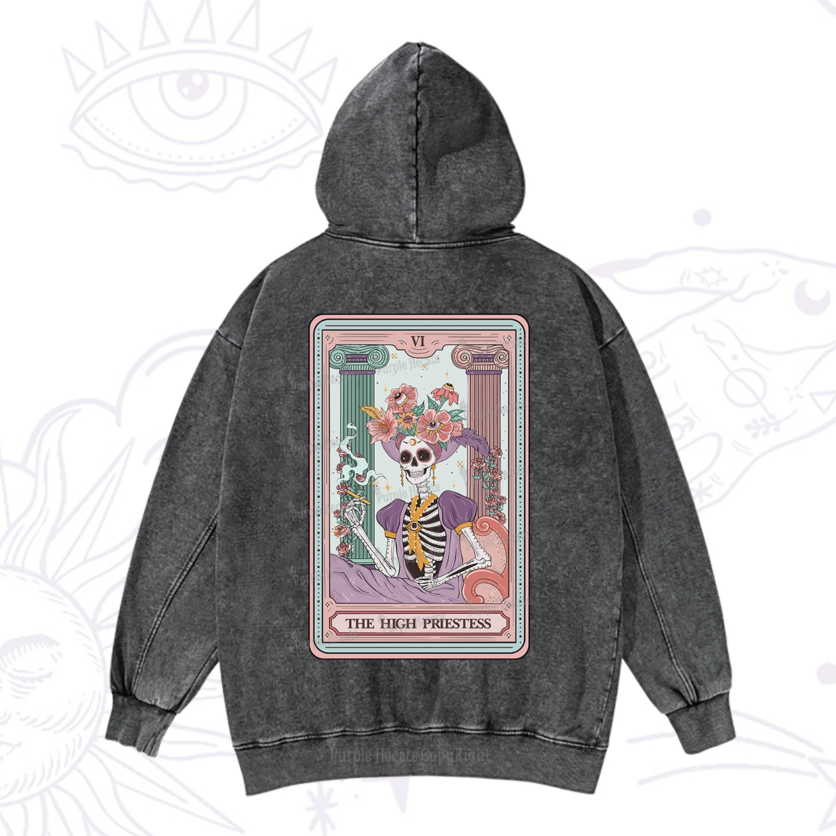 Purplehecate The High Priestess Skeleton Tarot Washed Hoodie