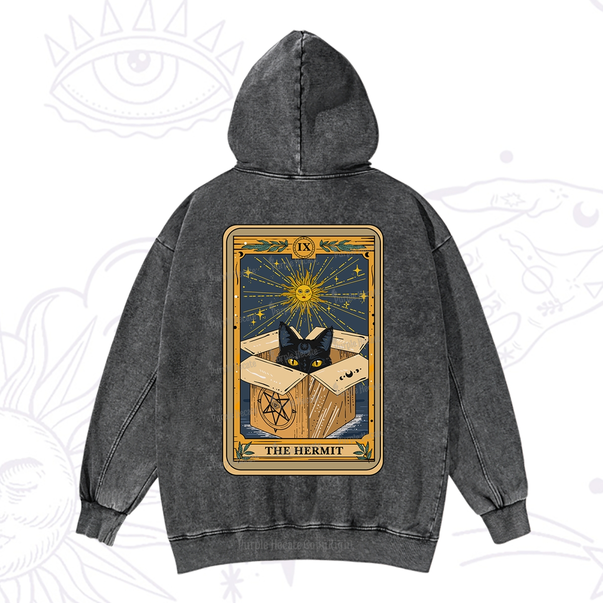 Purplehecate The Hermit Cat Tarot Card Washed Hoodie