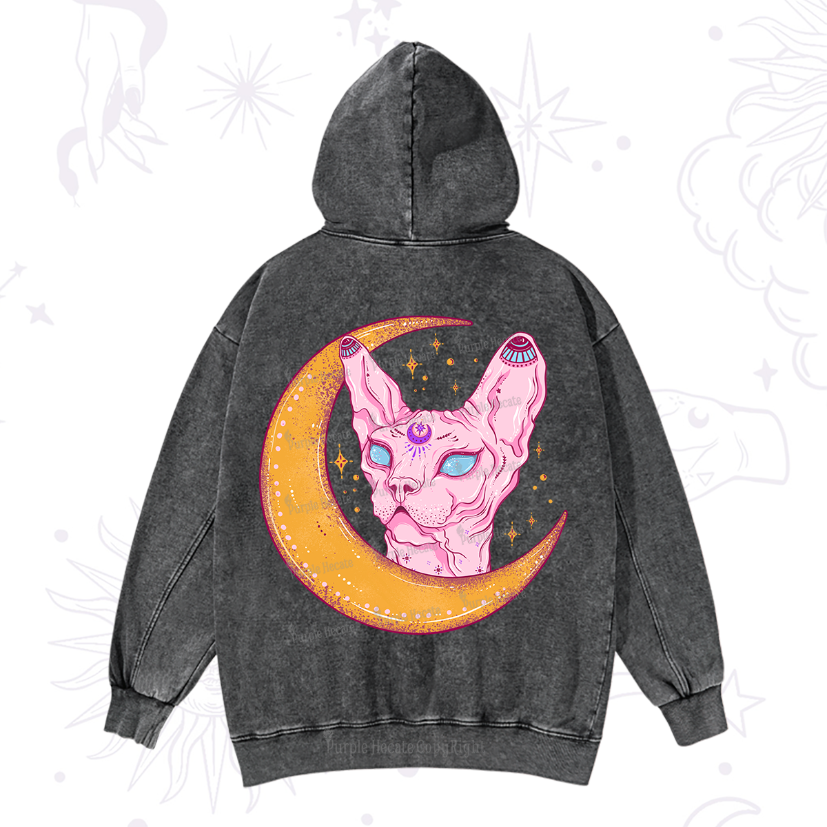 Purplehecate Mystical Witchy Cat Washed Hoodie
