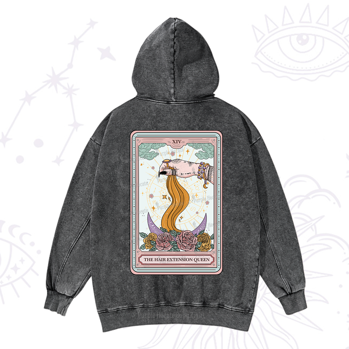 Purplehecate The Hair Extension Queen Tarot Card Washed Hoodie