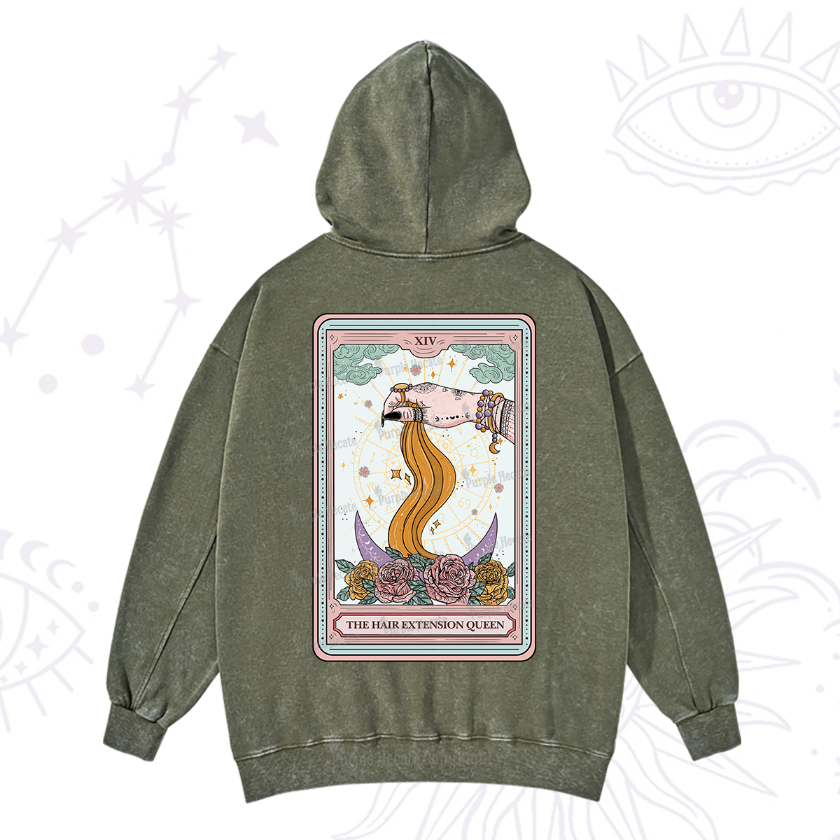 Purplehecate The Hair Extension Queen Tarot Card Washed Hoodie