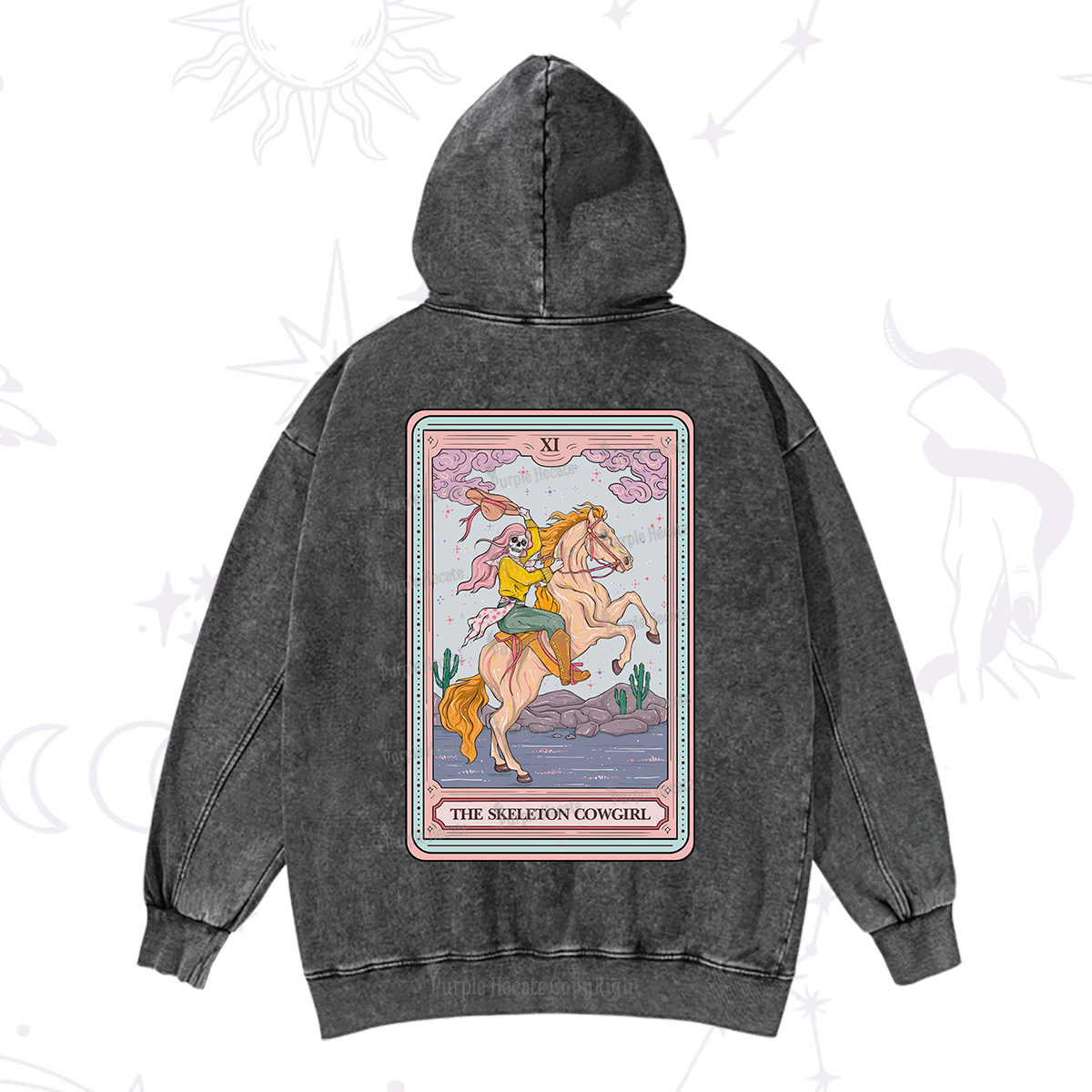 Purplehecate The Skeleton Cowgirl Tarot Card Washed Hoodie