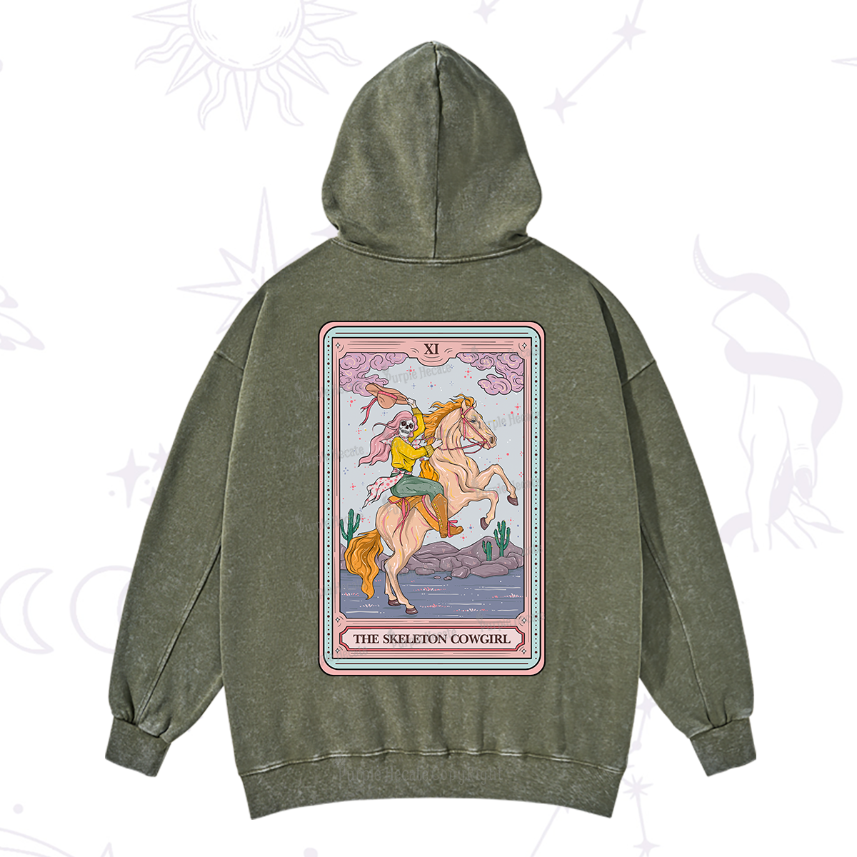Purplehecate The Skeleton Cowgirl Tarot Card Washed Hoodie