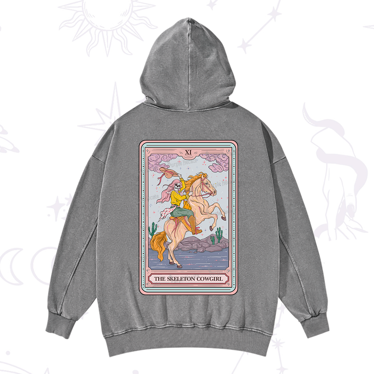 Purplehecate The Skeleton Cowgirl Tarot Card Washed Hoodie