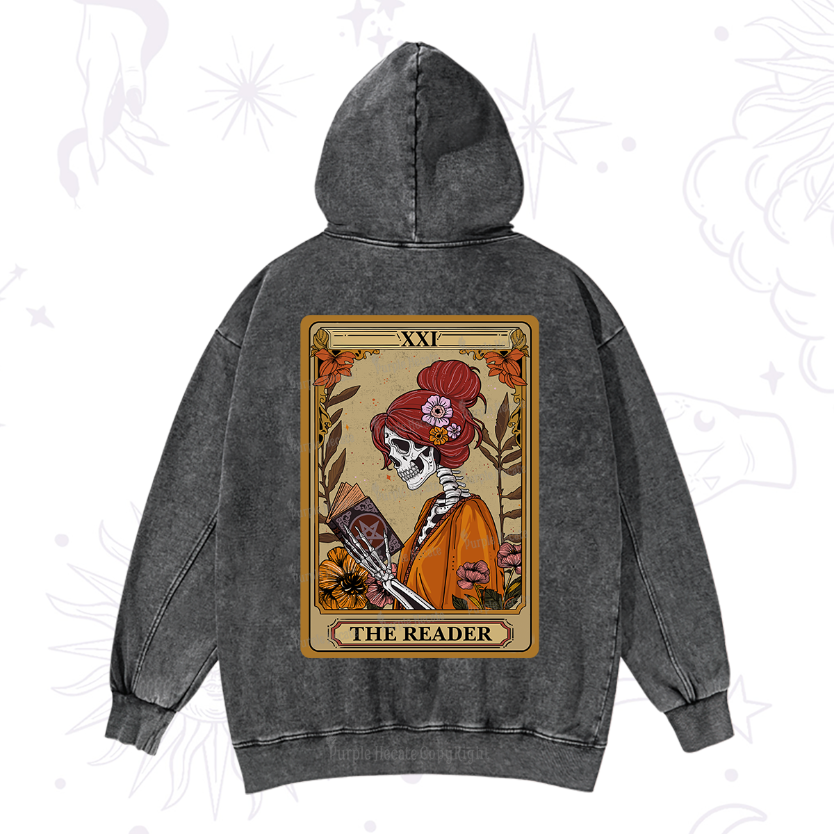 Purplehecate The Reader Tarot Card Skeleton Washed Hoodie
