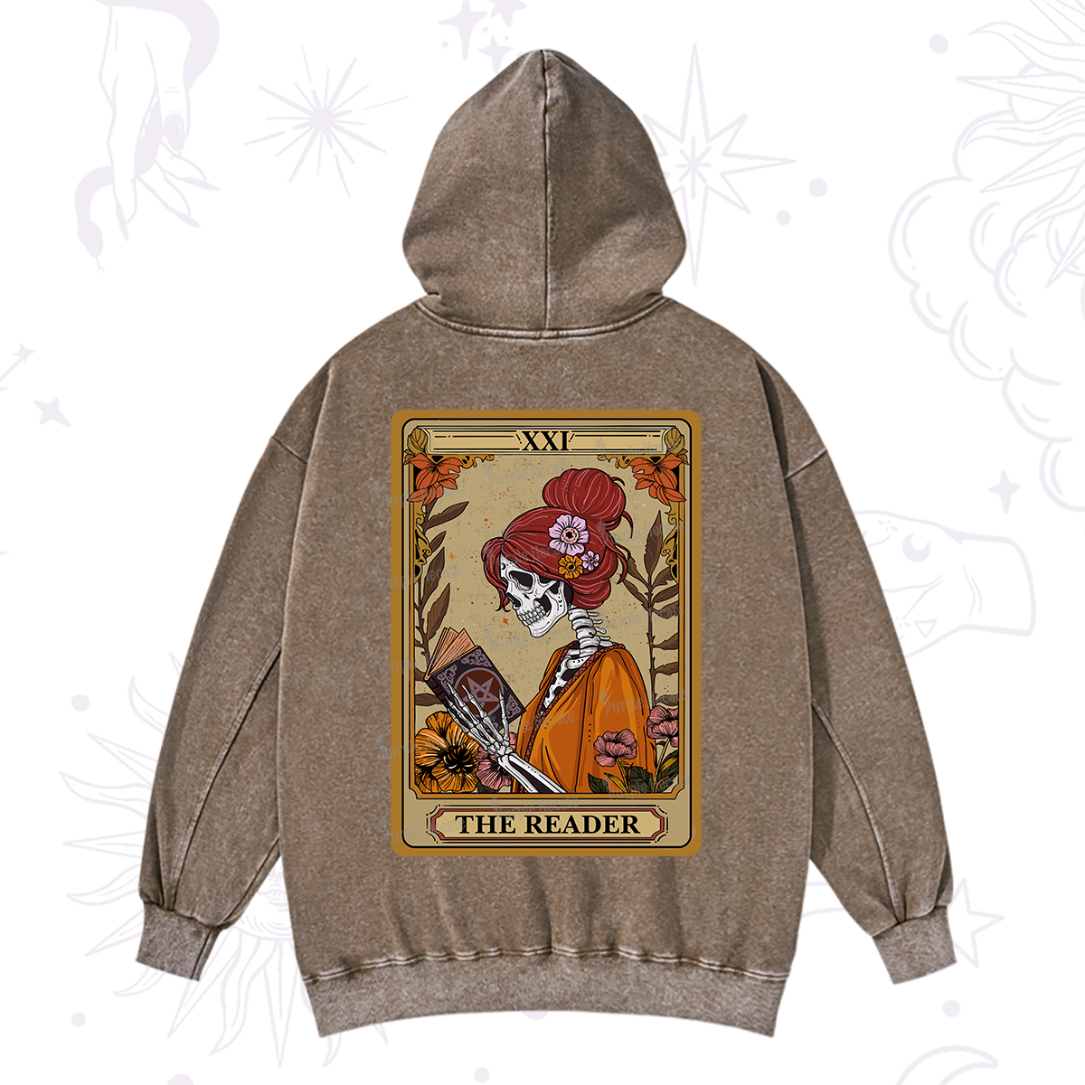 Purplehecate The Reader Tarot Card Skeleton Washed Hoodie
