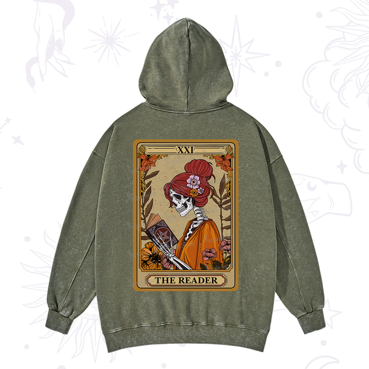 Purplehecate The Reader Tarot Card Skeleton Washed Hoodie