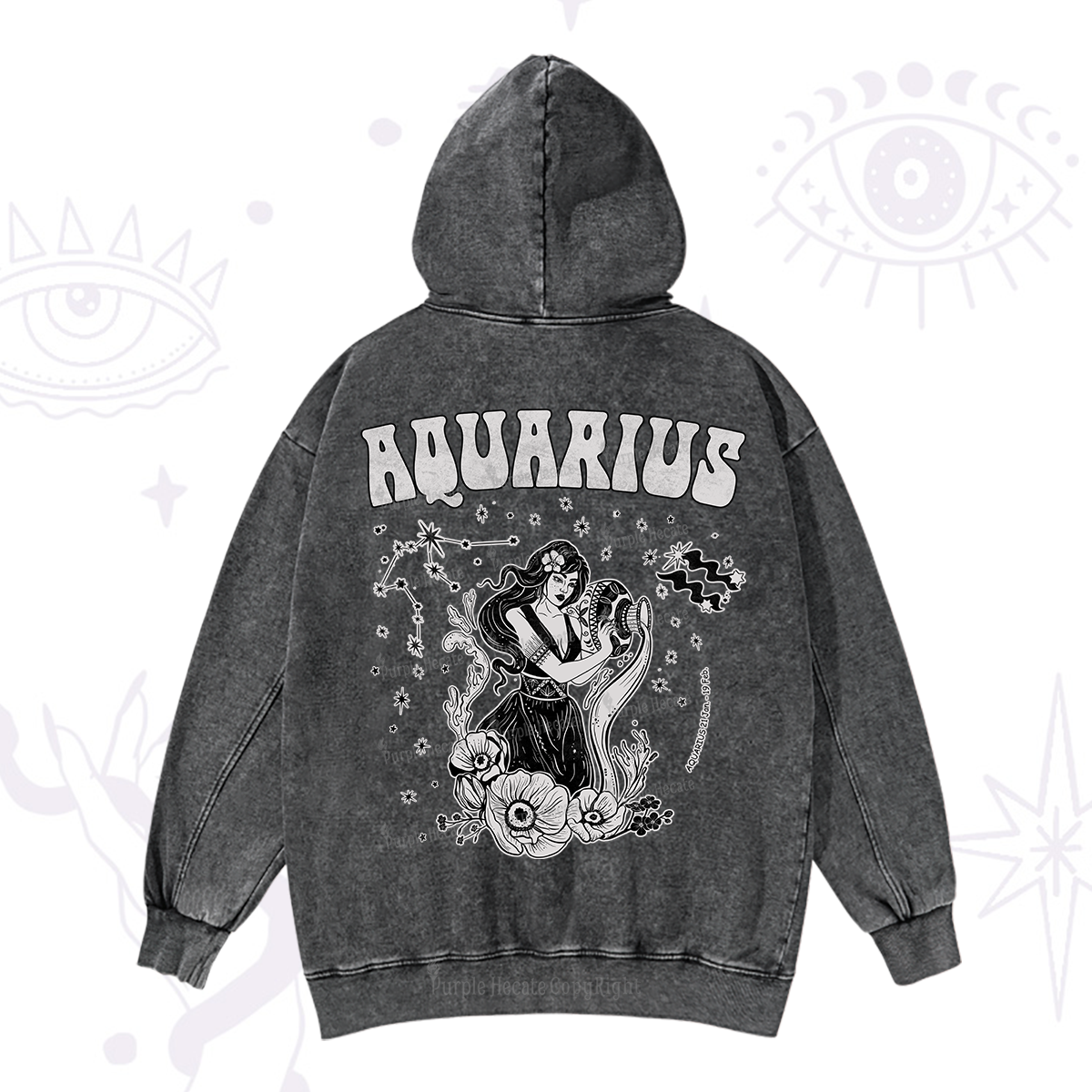 Purplehecate Aquarius Zodiac Glyphs Washed Hoodie