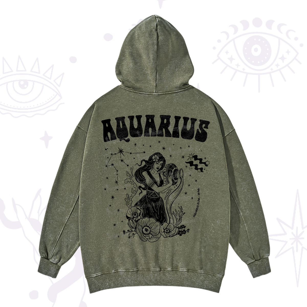 Purplehecate Aquarius Zodiac Glyphs Washed Hoodie