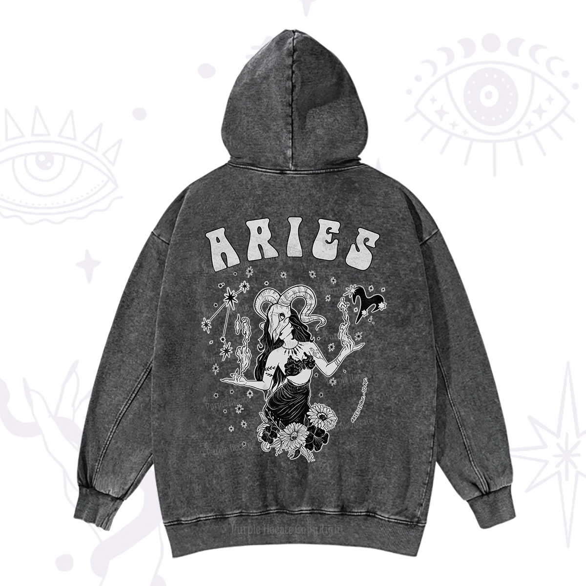 Purplehecate Aries Zodiac Glyphs Washed Hoodie