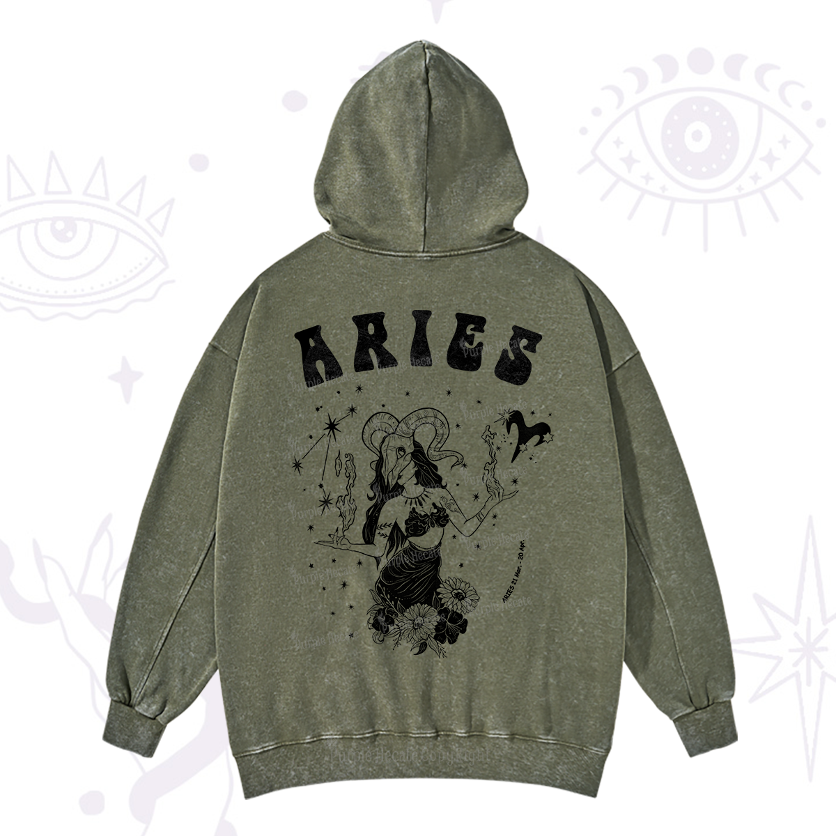 Purplehecate Aries Zodiac Glyphs Washed Hoodie
