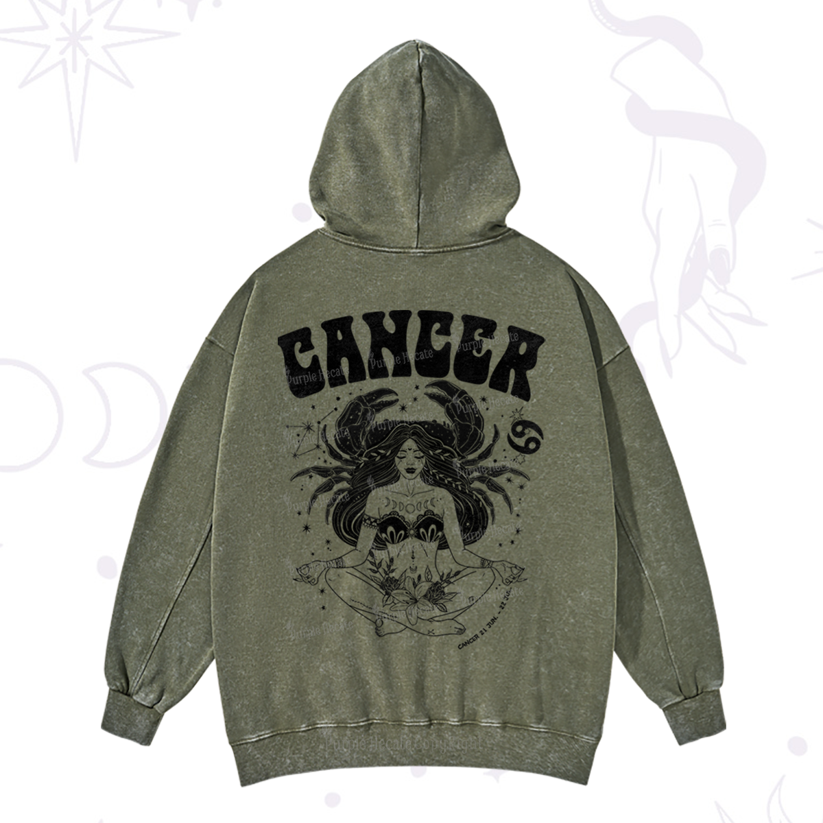 Purplehecate Cancer Zodiac Glyphs Washed Hoodie