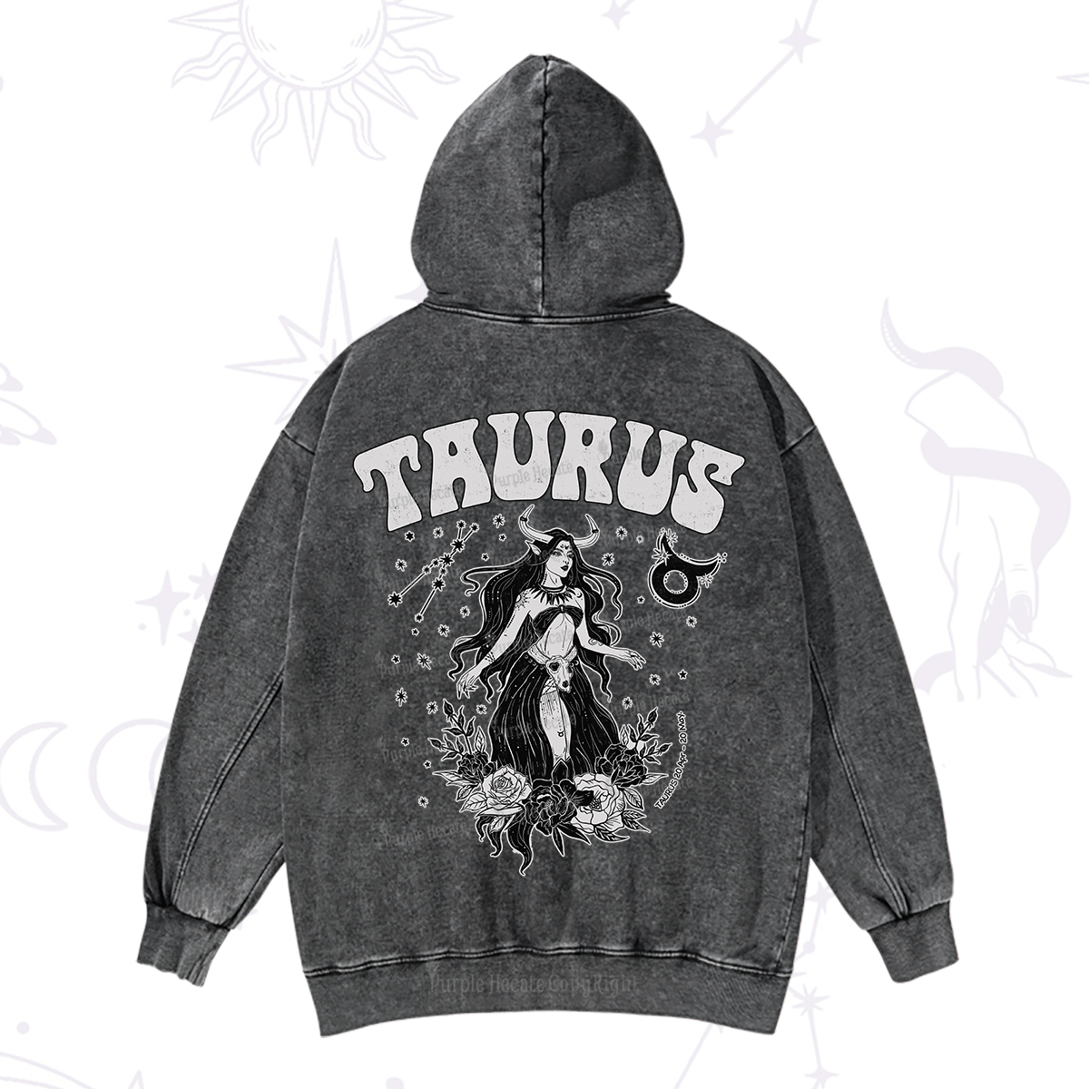 Purplehecate Taurus Zodiac Glyphs Washed Hoodie