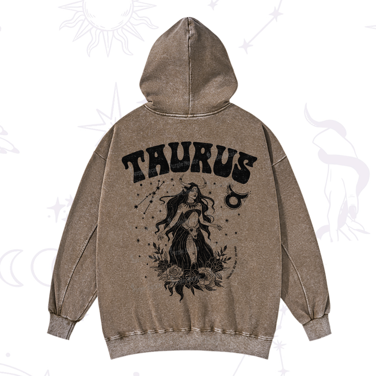 Purplehecate Taurus Zodiac Glyphs Washed Hoodie