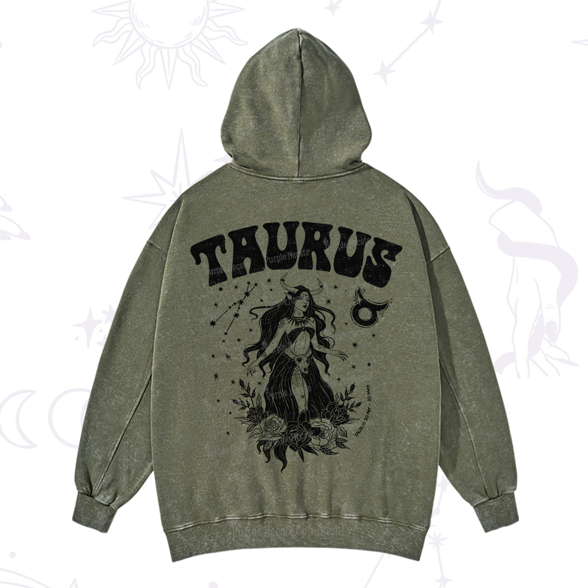 Purplehecate Taurus Zodiac Glyphs Washed Hoodie