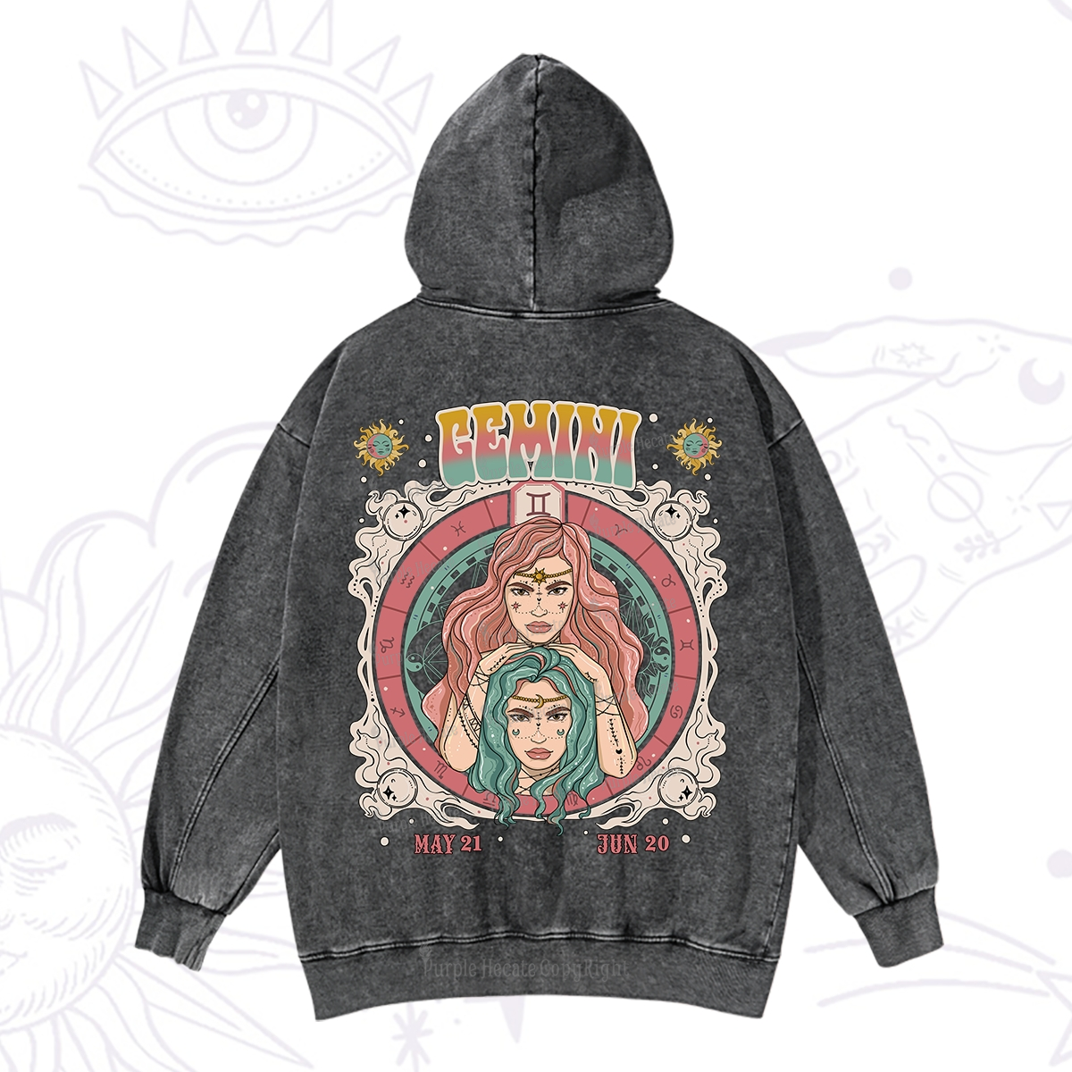 Purplehecate Gemini Cosmic Zodiac Washed Hoodie
