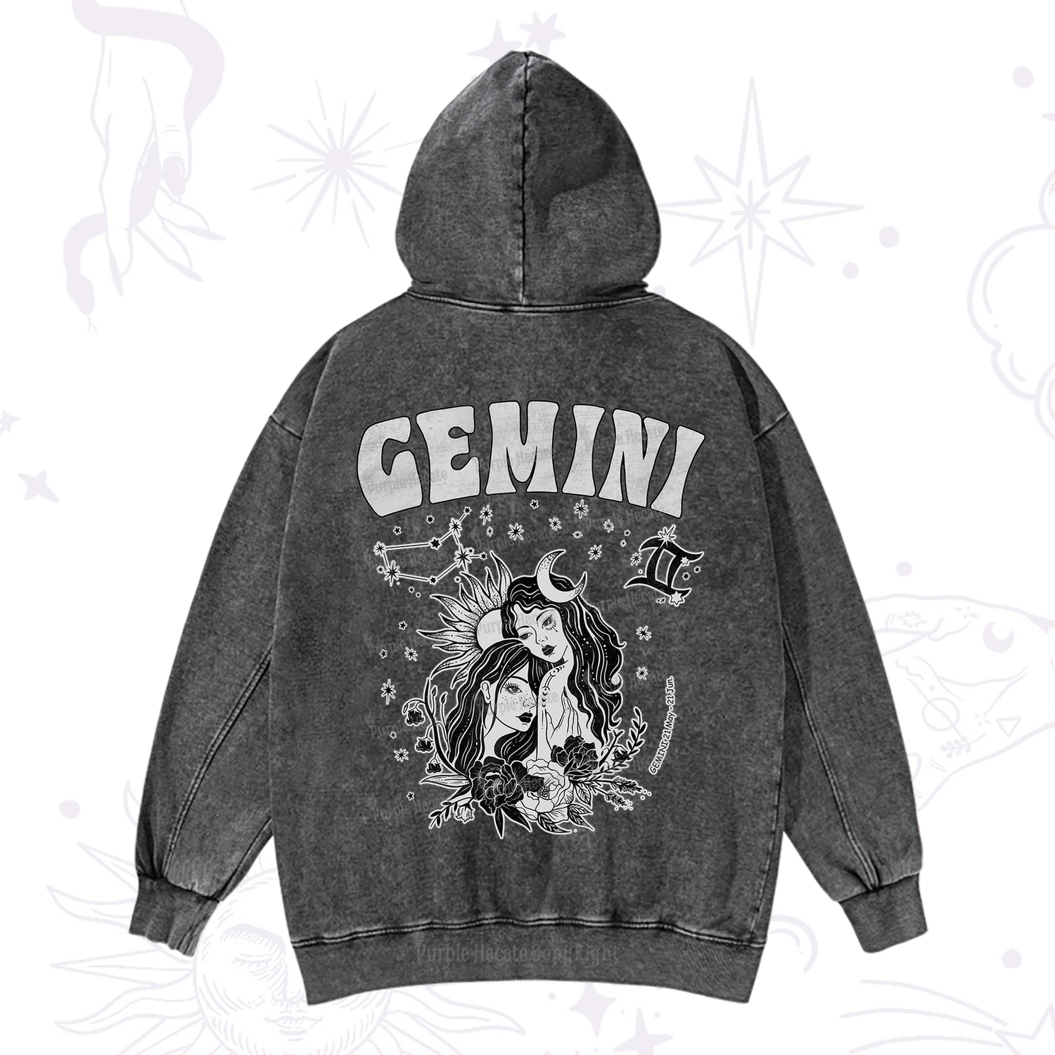Purplehecate Gemini Zodiac Glyphs  Washed Hoodie