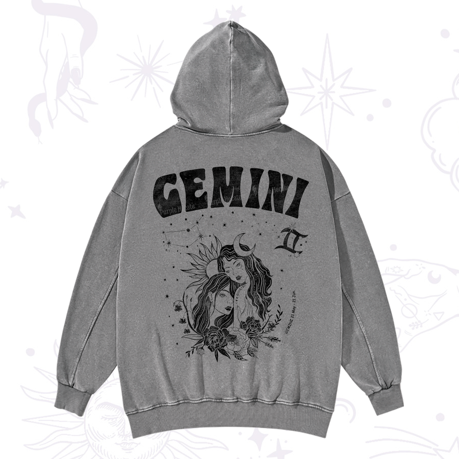 Purplehecate Gemini Zodiac Glyphs  Washed Hoodie