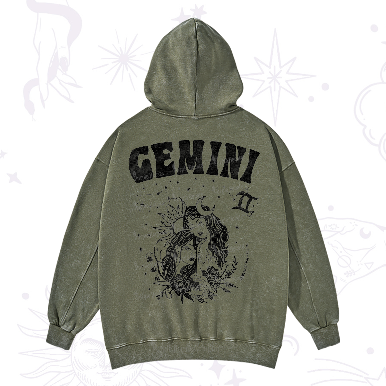 Purplehecate Gemini Zodiac Glyphs  Washed Hoodie