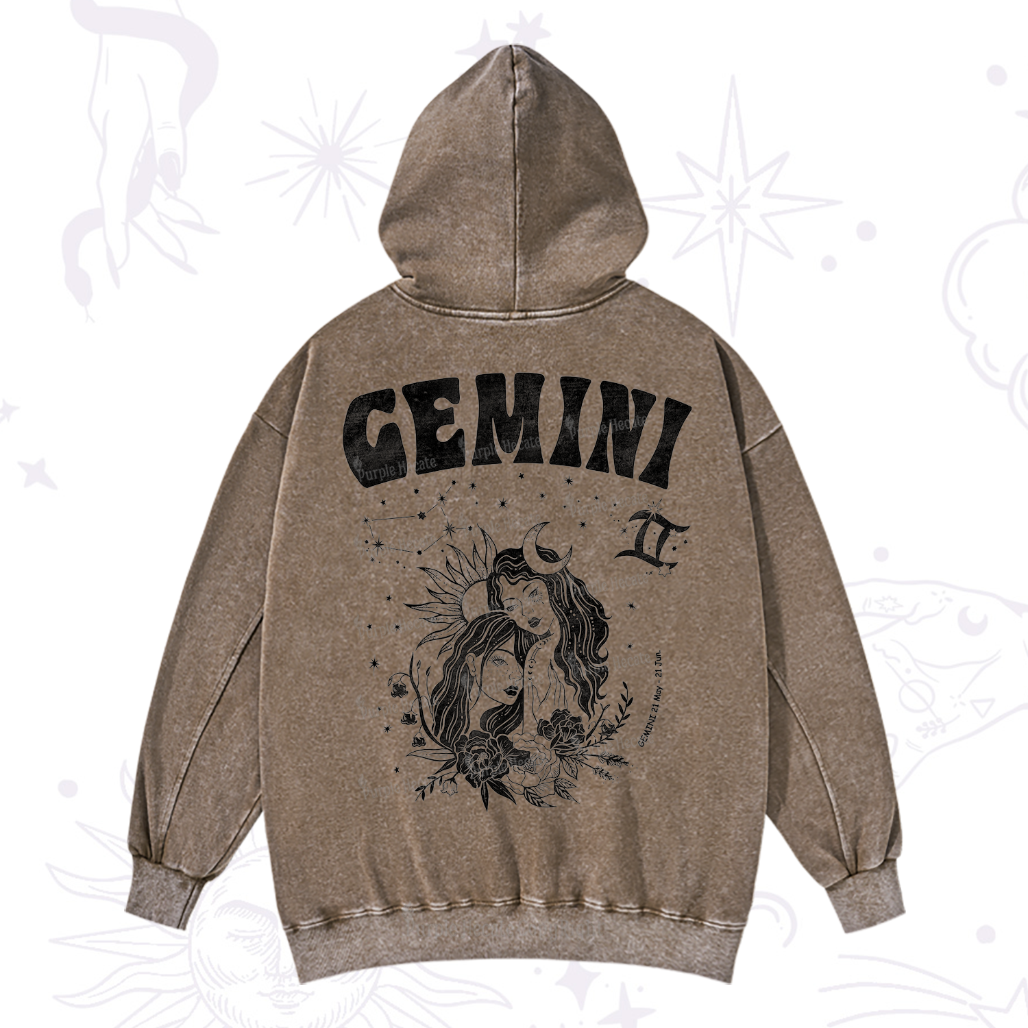 Purplehecate Gemini Zodiac Glyphs  Washed Hoodie