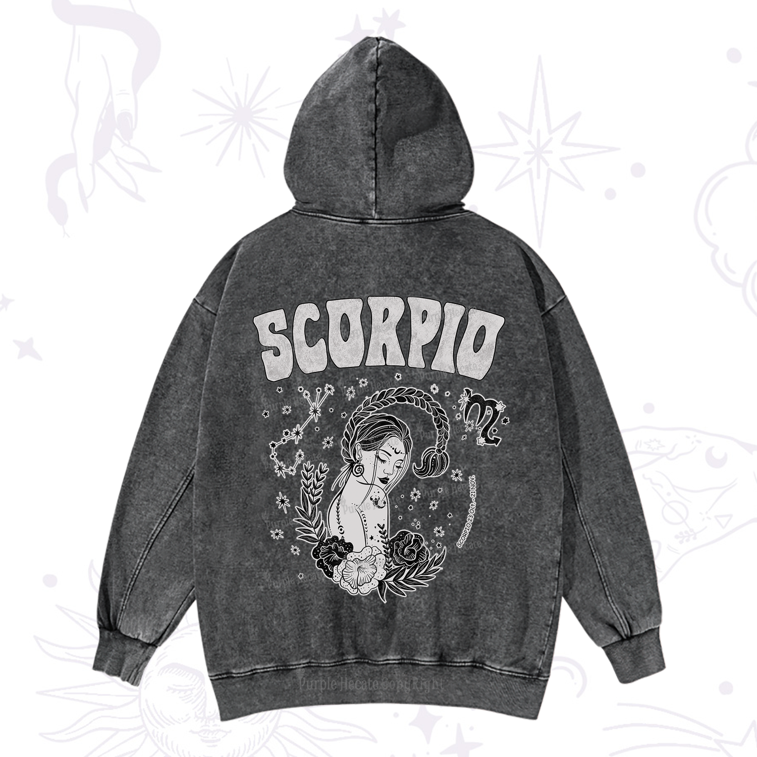 Purplehecate Scorpio Zodiac Glyphs  Washed Hoodie
