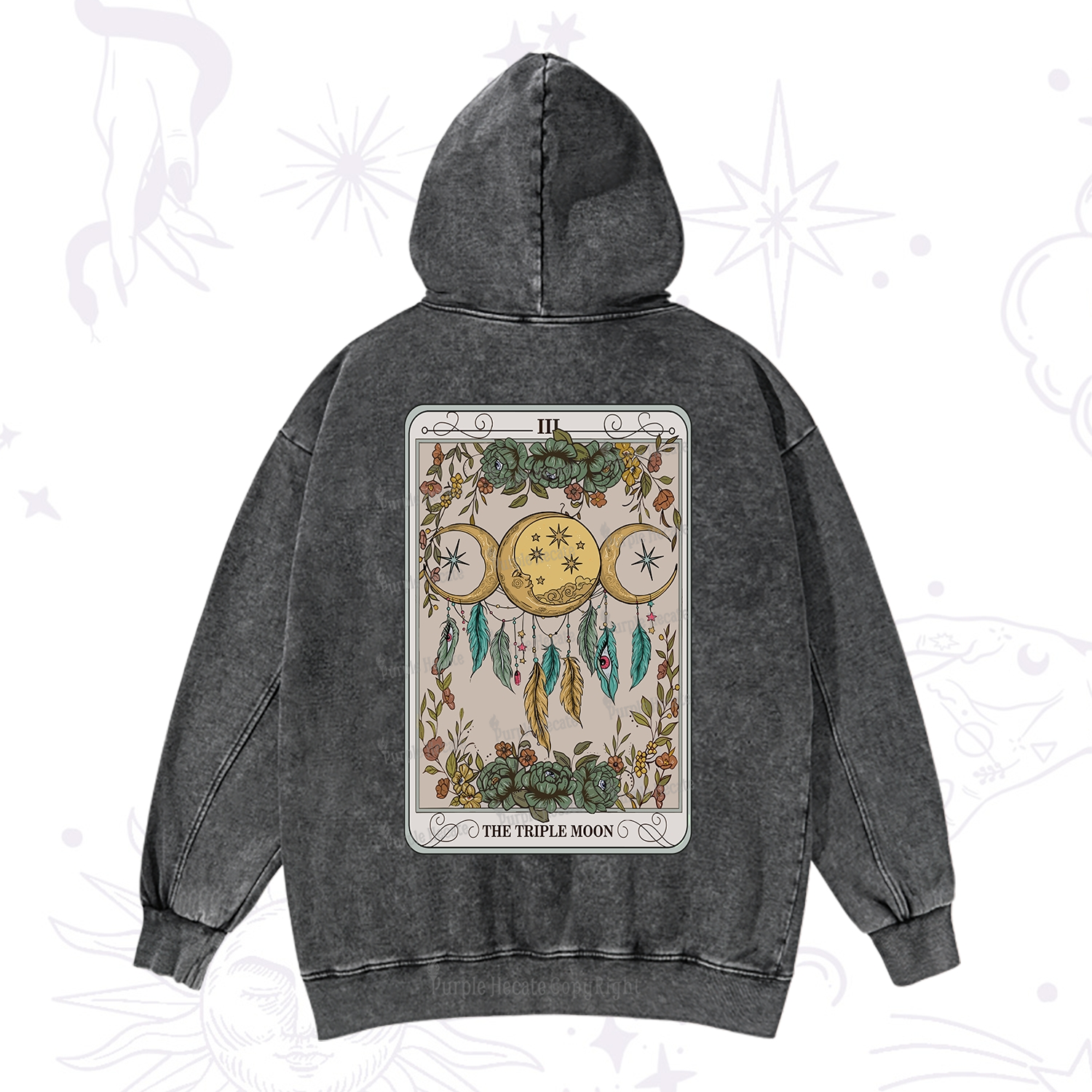 Purplehecate The Triple Moon Tarot Card Washed Hoodie
