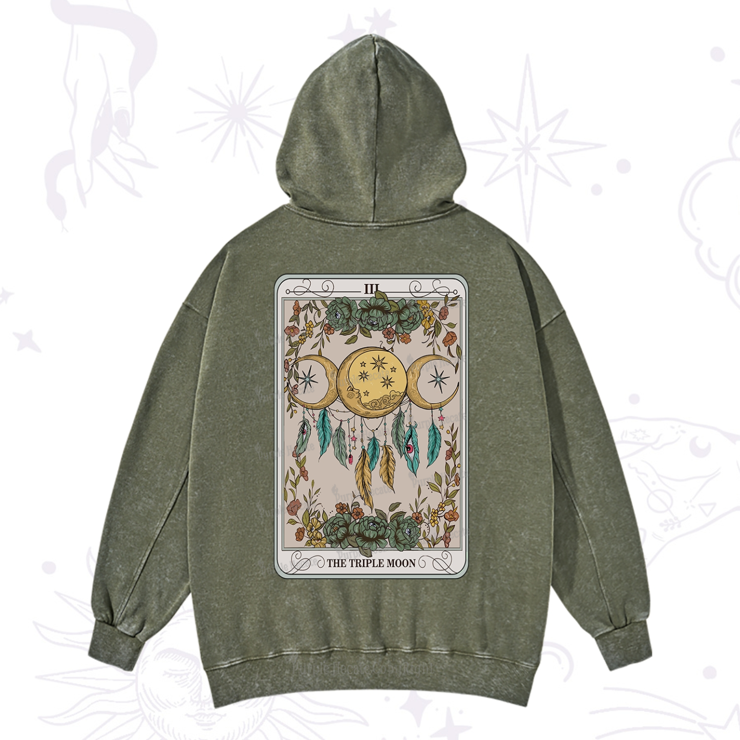 Purplehecate The Triple Moon Tarot Card Washed Hoodie