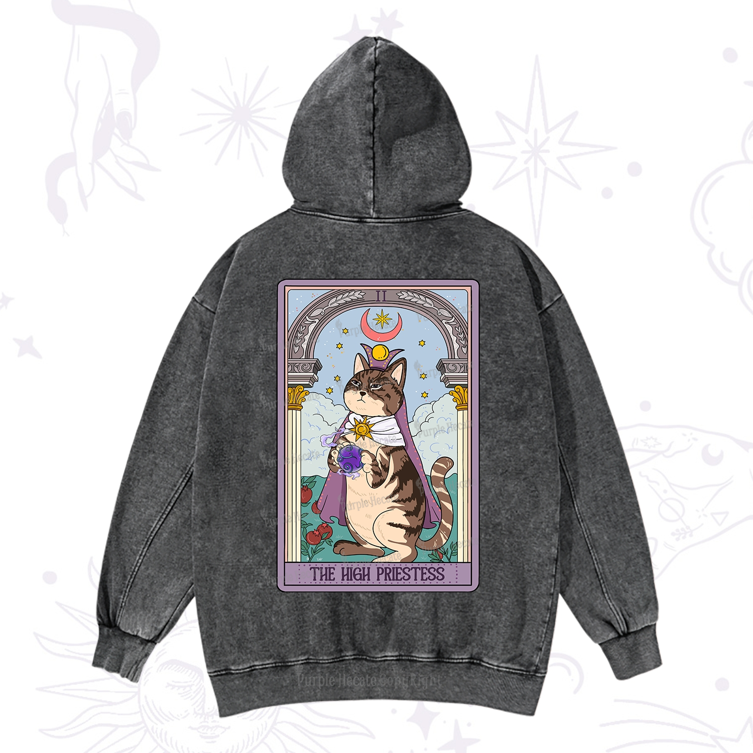 Purplehecate The High Priestess Cat Tarot Washed Hoodie