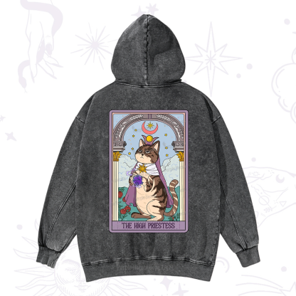 Purplehecate The High Priestess Cat Tarot Washed Hoodie