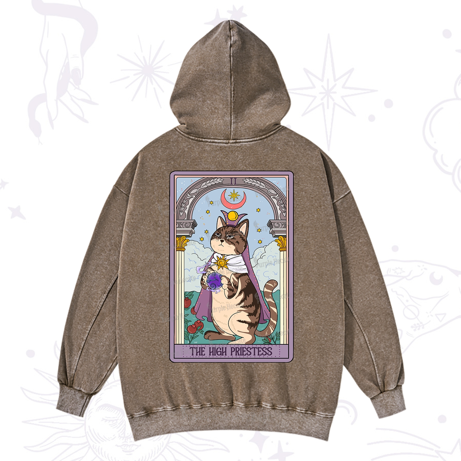Purplehecate The High Priestess Cat Tarot Washed Hoodie