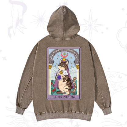 Purplehecate The High Priestess Cat Tarot Washed Hoodie