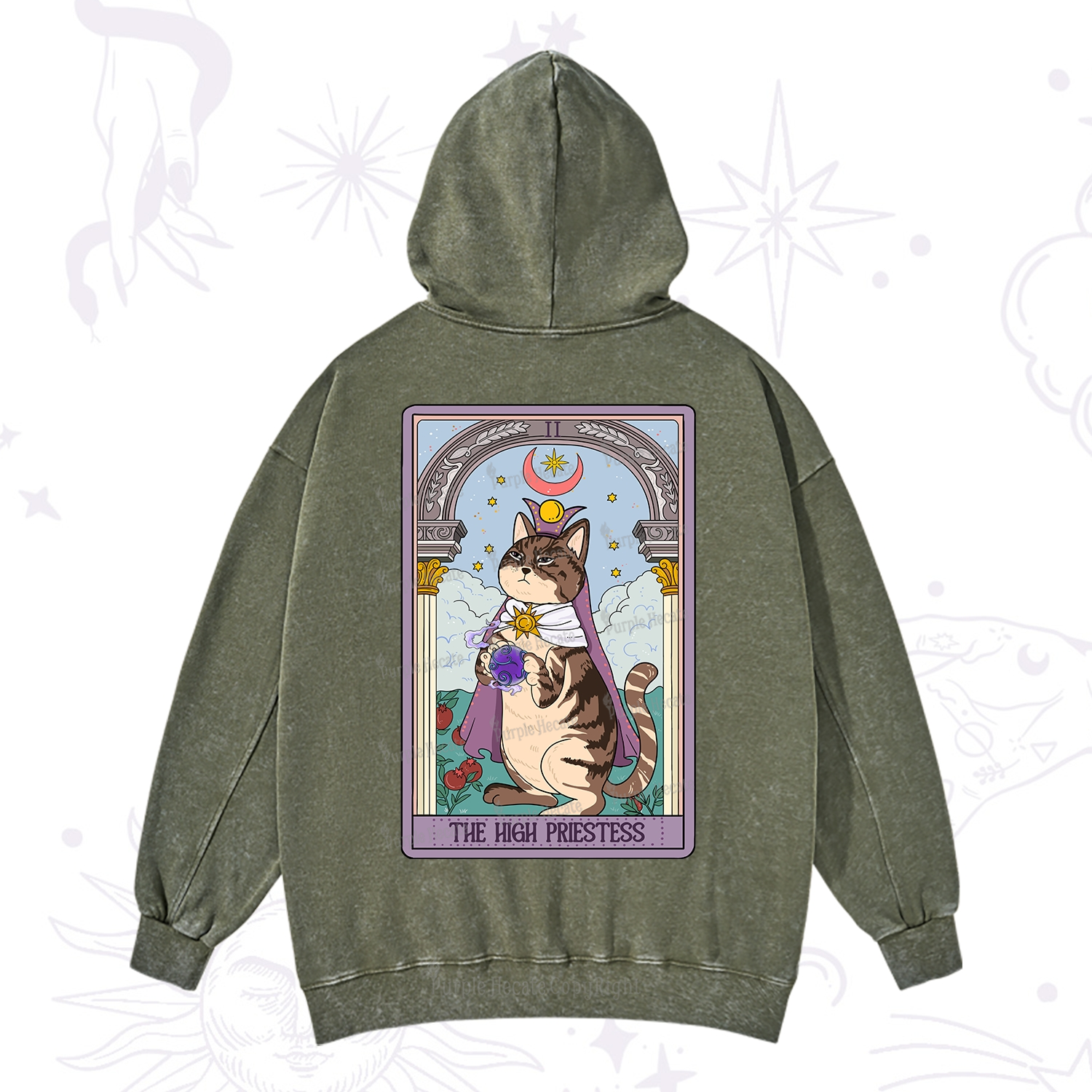 Purplehecate The High Priestess Cat Tarot Washed Hoodie