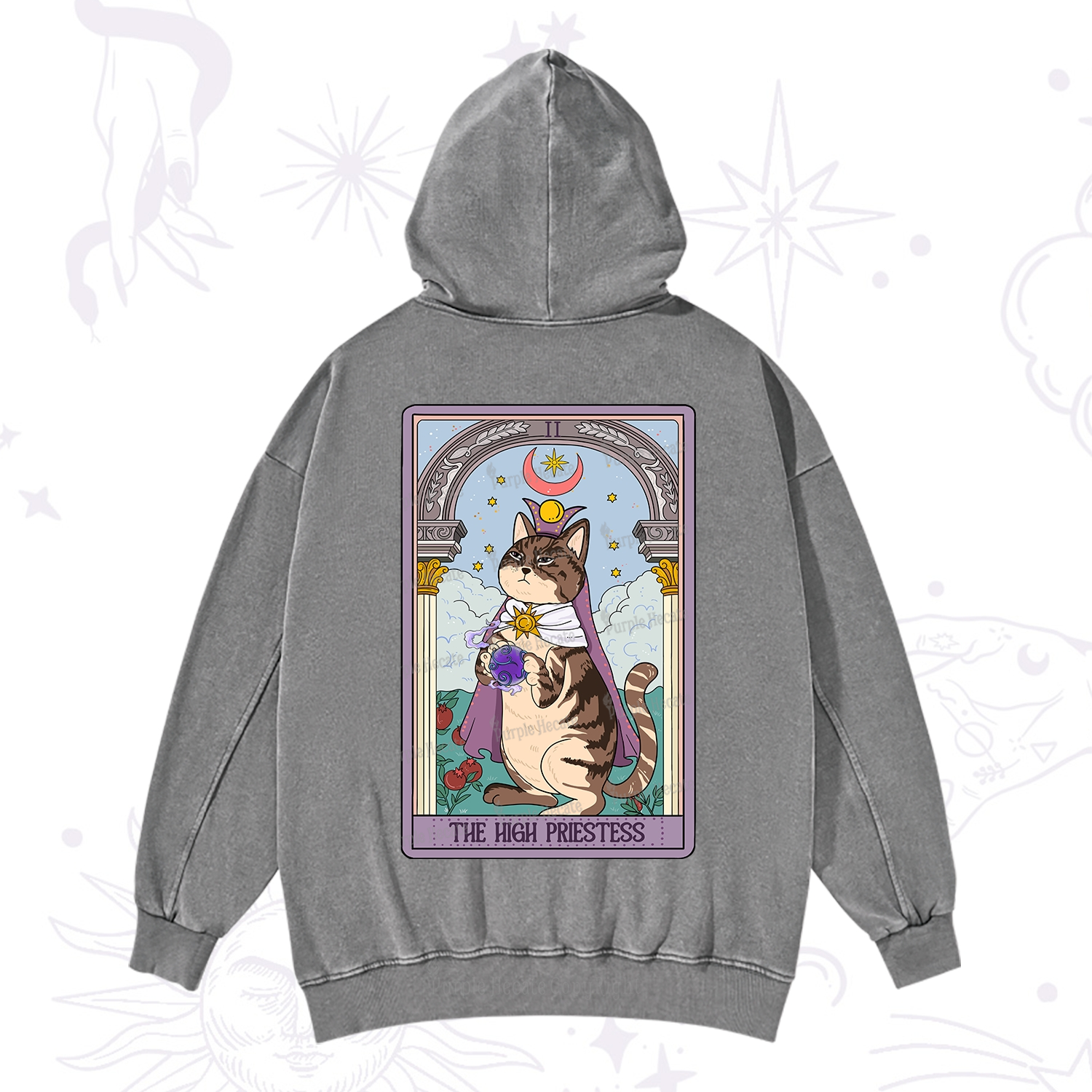 Purplehecate The High Priestess Cat Tarot Washed Hoodie