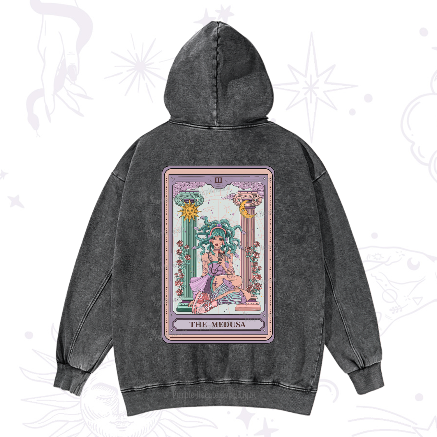 Purplehecate The Fashionable Medusa Tarot Card Washed Hoodie