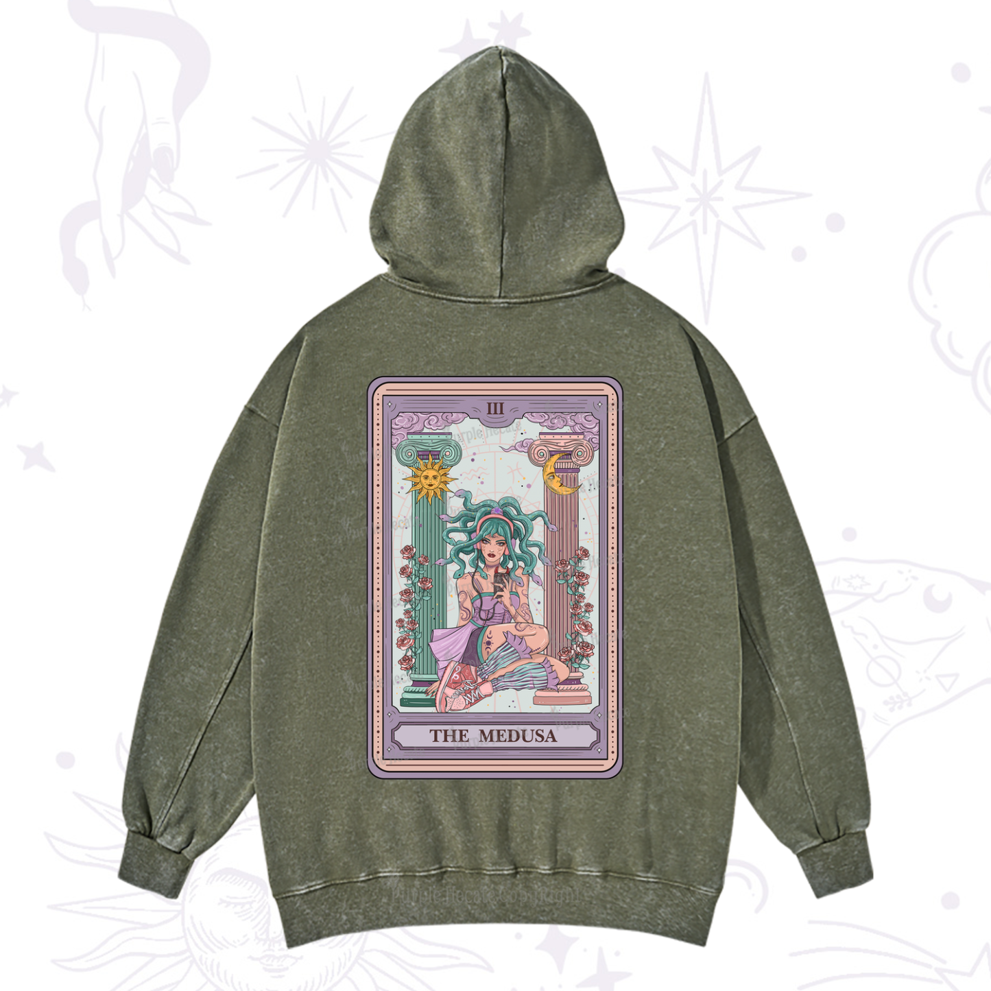 Purplehecate The Fashionable Medusa Tarot Card Washed Hoodie