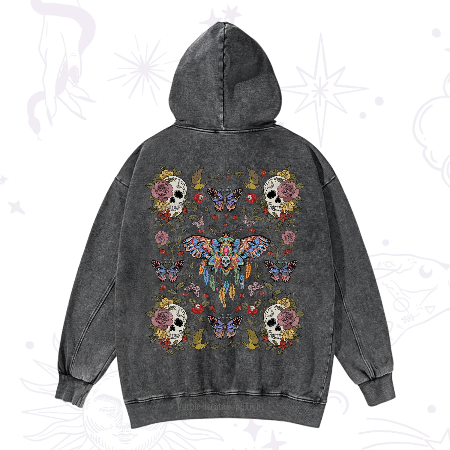 Purplehecate Moths Dancing Washed Hoodie