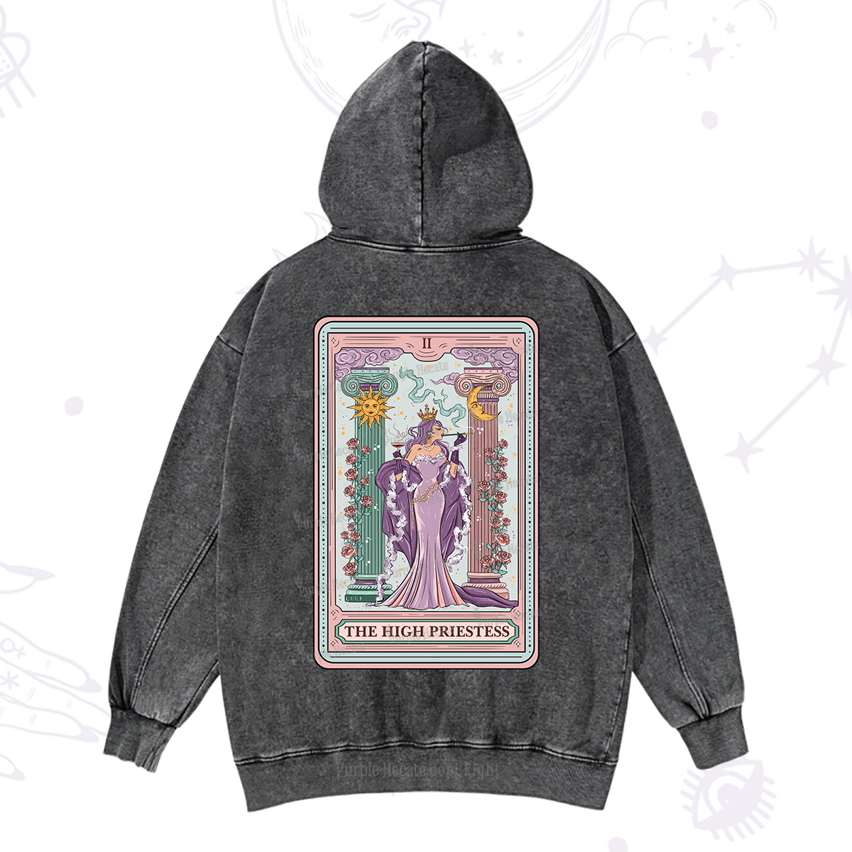 Purplehecate The High Priestess Tarot Card Washed Hoodie