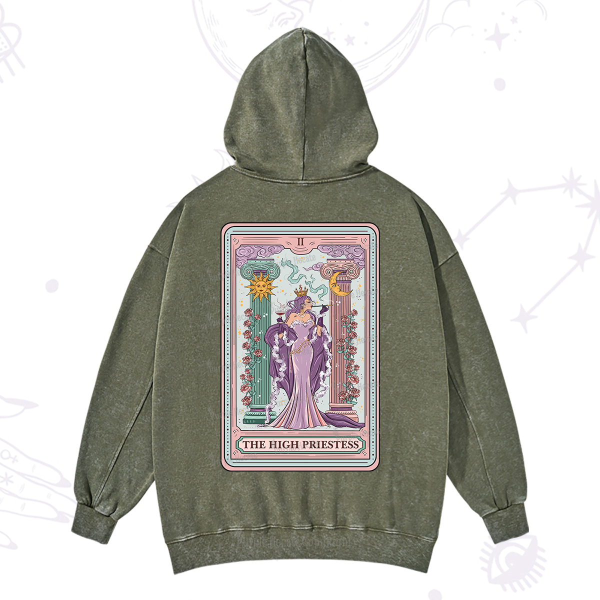 Purplehecate The High Priestess Tarot Card Washed Hoodie