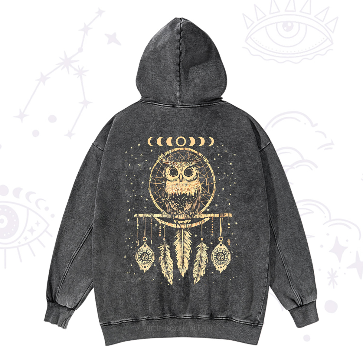 Purplehecate Luna Owl Dream Catcher Washed Hoodie