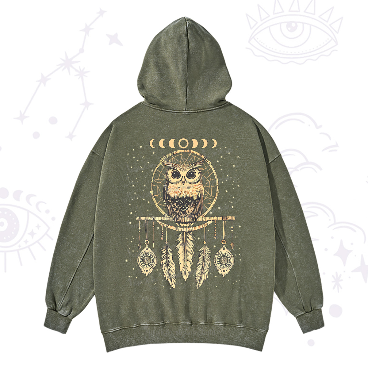Purplehecate Luna Owl Dream Catcher Washed Hoodie