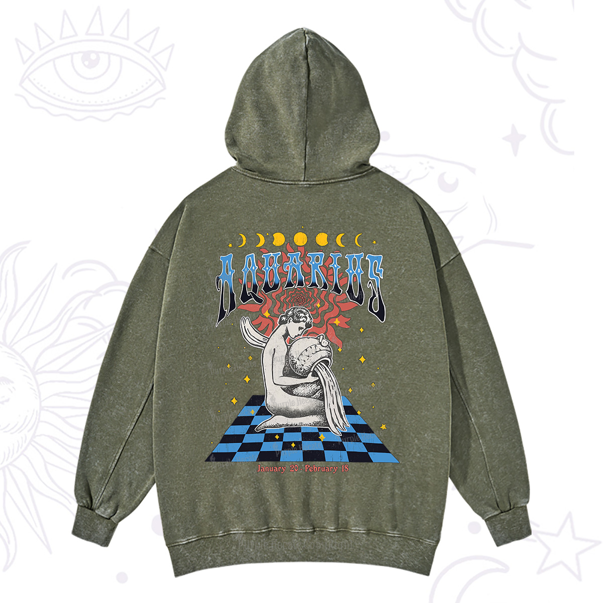 Purplehecate Aquarius Crew Zodiac Washed Hoodie